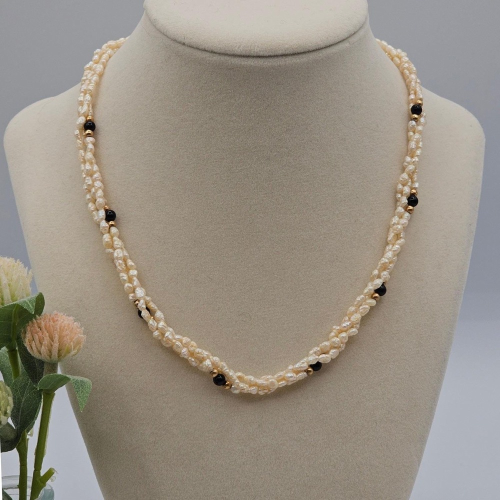 Vtg Freshwater Pearl Necklace Onyx 14K Gold Accents Classic Elegance Mervyns